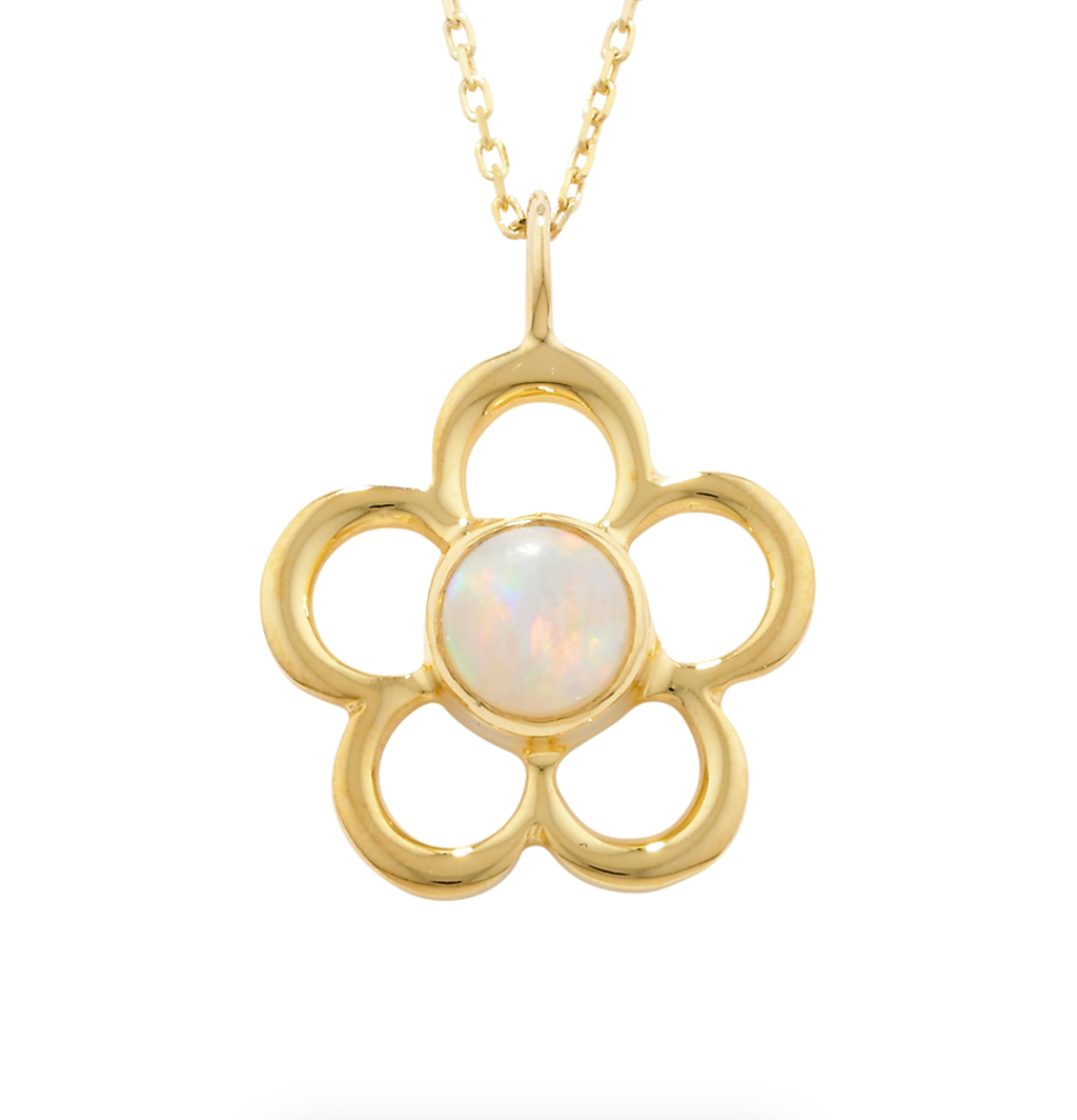 Opal October Birthstone Flower Pendant Necklace